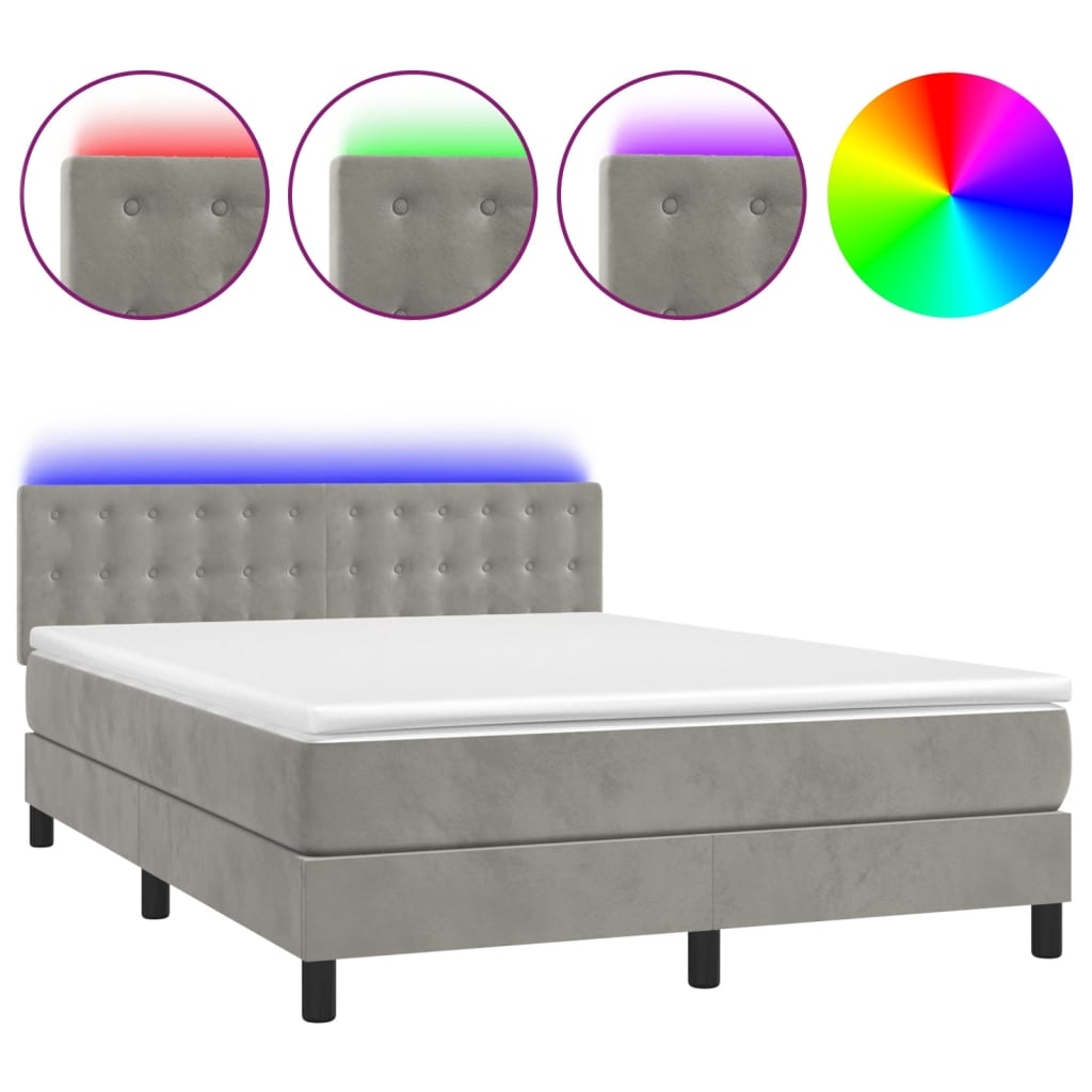 vidaXL Boxspringbett mit Matratze & LED Hellgrau 140x200 cm Samt Image
