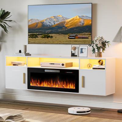 BOSSIN 70" Floating TV Stand with 36" Electric Fireplace, High Gloss Finish Wall Mounted Fireplace TV Stand with Storage