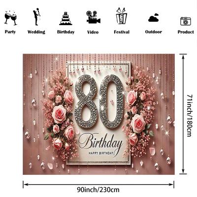 TEMU 1pc Polyester 80th Birthday Backdrop Banner, Elegant With Glittering Number, No Electricity Needed, Wall Decor For Indoor & Outdoor Celebrations, Photo Booth Background Image