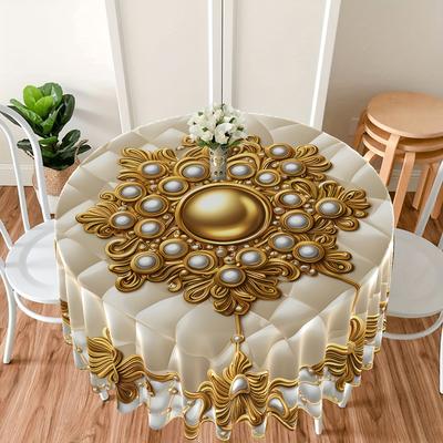 "TEMU 1pc Elegant Golden Floral Tablecloth - 63" Round Polyester Cover With Intricate Golden & , Luxury Dining, Parties, And Outdoor Gatherings, Outdoor Dining Cover|elegant Table Setting| Tablecloth" Image