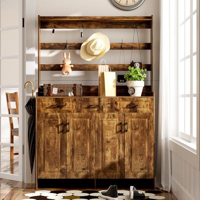 51.2''Minimalist Four-Door Shoe Cabinet with Coat Rack, Spacious Top,3 Drawers, 8 Shelves, Metal hooks and handles for Hallway