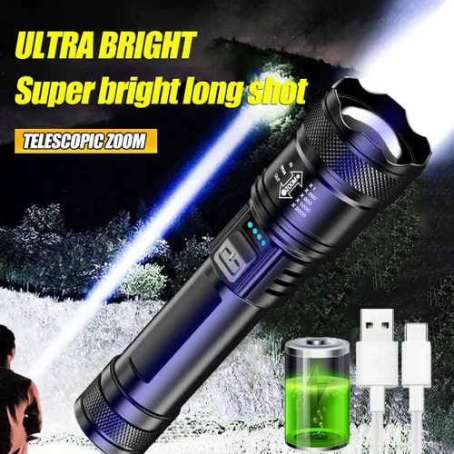 Lampe de poche LED avec affichage de la batterie, lampe torche n'aime télescopique, lanterne de pêche aste par USB, camping en plein air, injuste