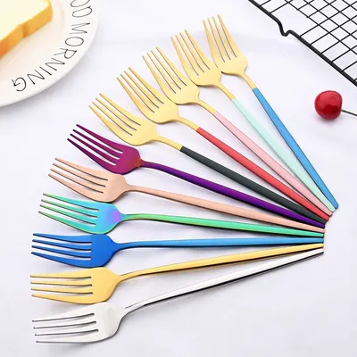 6Pcs Colorful Cutlery Set Stainless Steel Dinner Fork Set Dessert Cake Fork Fruit Salad Fork Tableware Set Kitchen Flatware Set