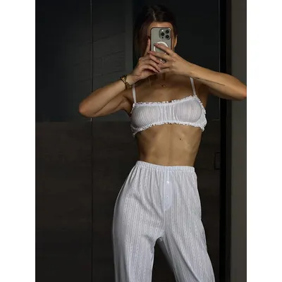 Marthaqiqi White Ladies Sleepwear Suit Tank Tops Pyjamas Spaghetti Strap Pajamas Crop Top Pajama Pants Causal Female Nightie Set