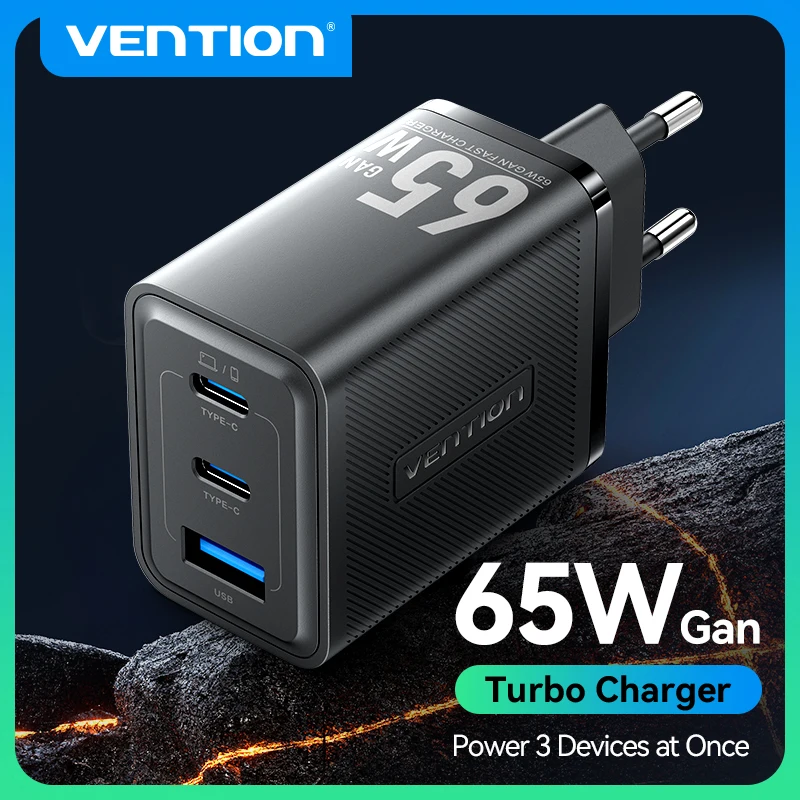 Caricabatterie Vention 65W GaN con Ricarica Rapida 4.0 3.0, Caricatore USB Tipo C PD Portatile QC4.0 3.0 per Laptop e iPhone 16 15 14 13