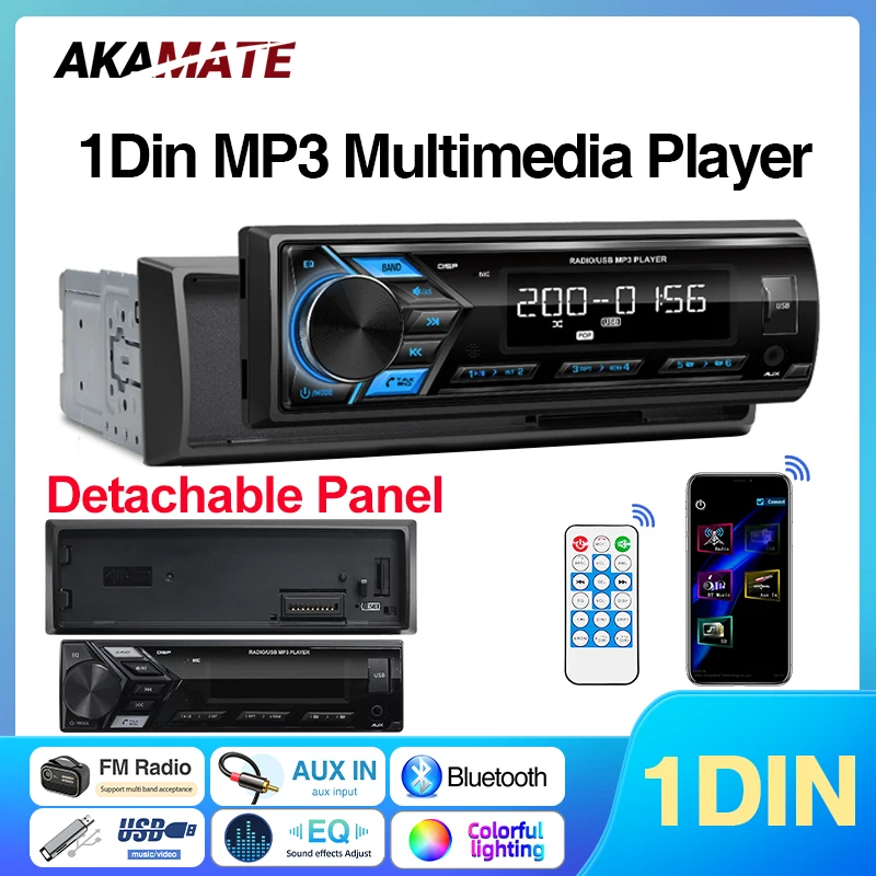 AKAMATE autoradio MP3 lecteur multimédia Audio FM Radio Support téléphone charge Bluetooth EQ AUX USB panneau détachable 1Din Radio