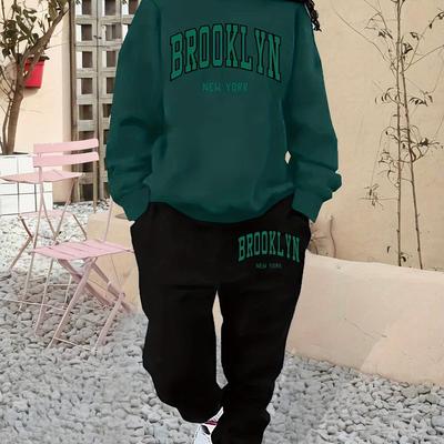 TEMU Women's New Sweatshirt And Joggers Set, Casual Letter Print, Comfortable Polyester, Round Neck, Machine Washable, Fall/winter, Knit Fabric Image