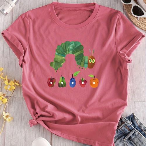 TEMU Women's Graphic Short Sleeve T-shirt - Casual Crew Neck Polyester Knit Top With Stretch For Spring/summer/fall