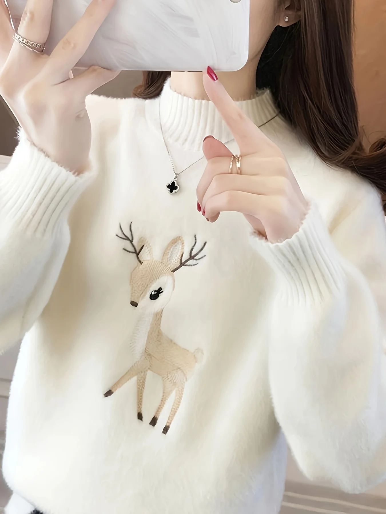 Deer pattern mock turtleneck sweater, cute autumn and winter long sleeve sweater, women's clothing