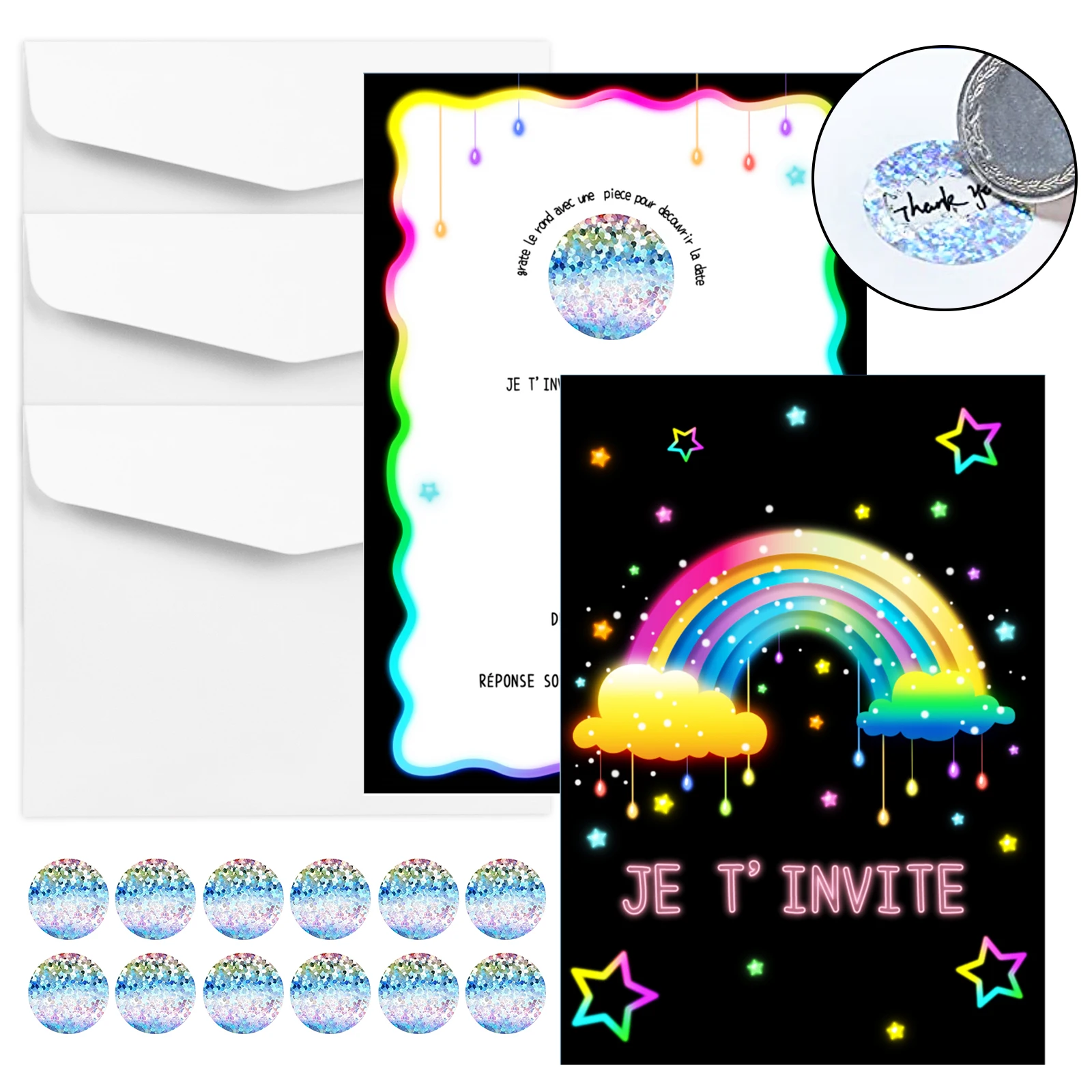 12-teiliges Set Geburtstagseinladungen mit Regenbogen- und Sternenmotiv, mit Kratzaufklebern, Umschlägen und farbenfrohem Neon-Einladerauto Image