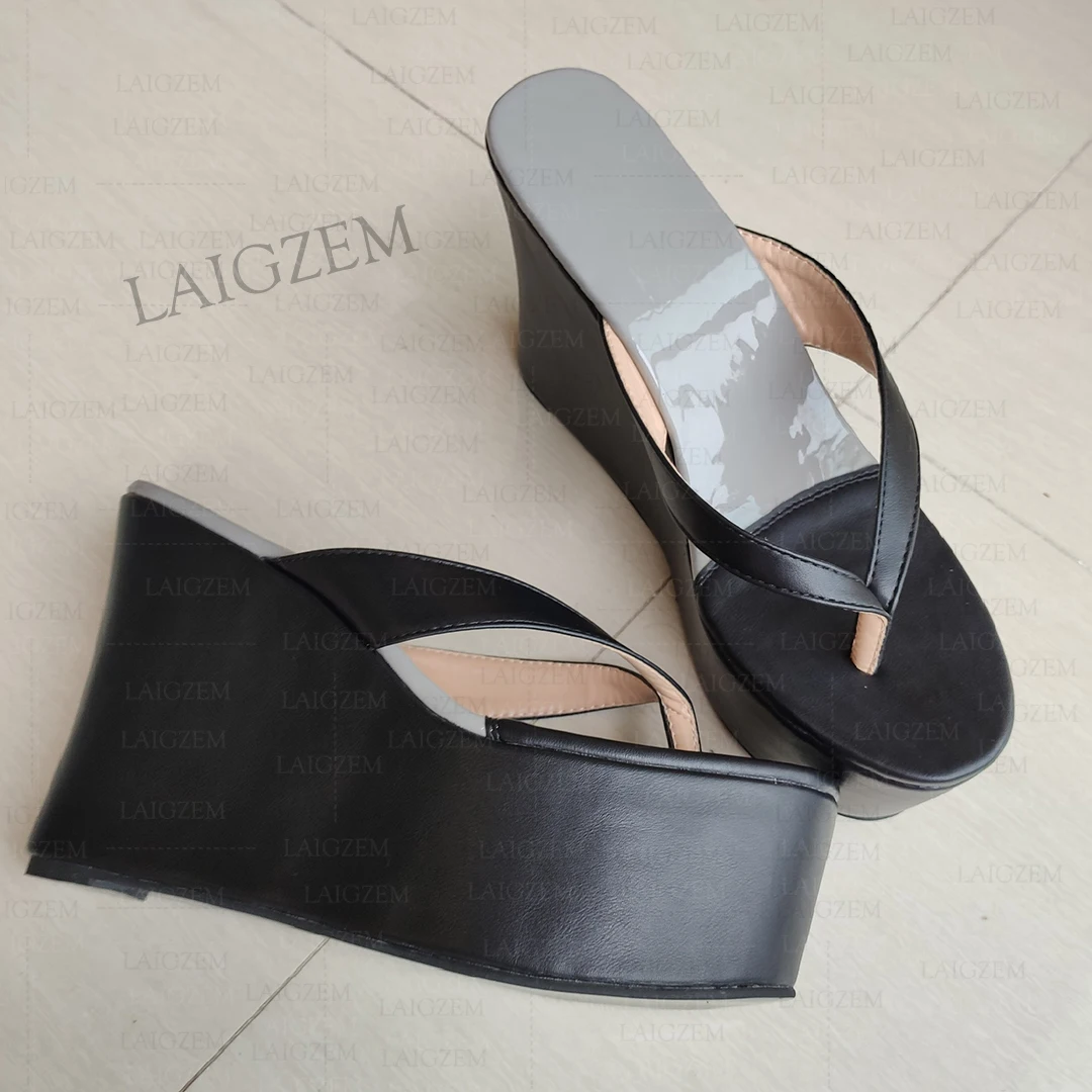 Berzimer Frauen Pumps Plattform Keile Flip Flop Panto letten 12cm High Heels Sandalen Höhe zunehmende Damenschuhe Frau Größe 41 44 48