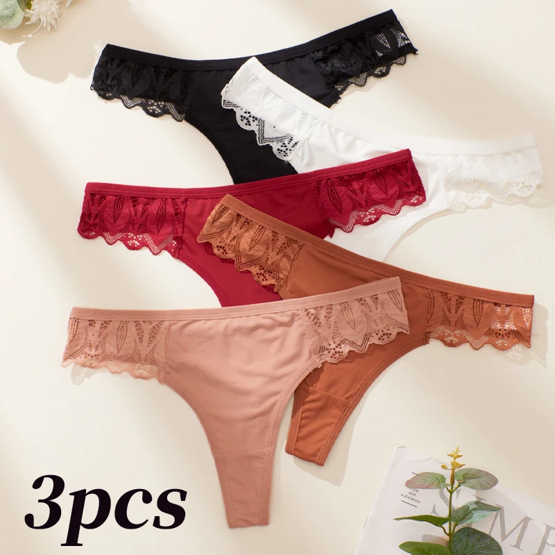 3 Stück/Set sexy Spitzen-Tanga für Damen, seidige Eisseide, bequem und atmungsaktiv, einfarbig, beliebter T-Rücken, hautfreundlich und weich Image