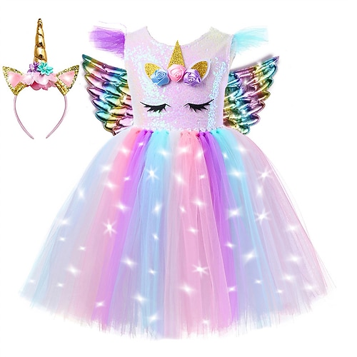 Einhornkleid für Mädchen, Flügel, Stirnband, Regenbogenfarben, buntes Party-Tutu, Mädchen-Filmkostüm, Cosplay-Kleid, Tanzkleid, eng anliegend, Urlaub, mehrfarbig, rosa, lila, Prinzessinnenkleid, Welttag des Buches, Kostüme, 4-12 Jahre Image