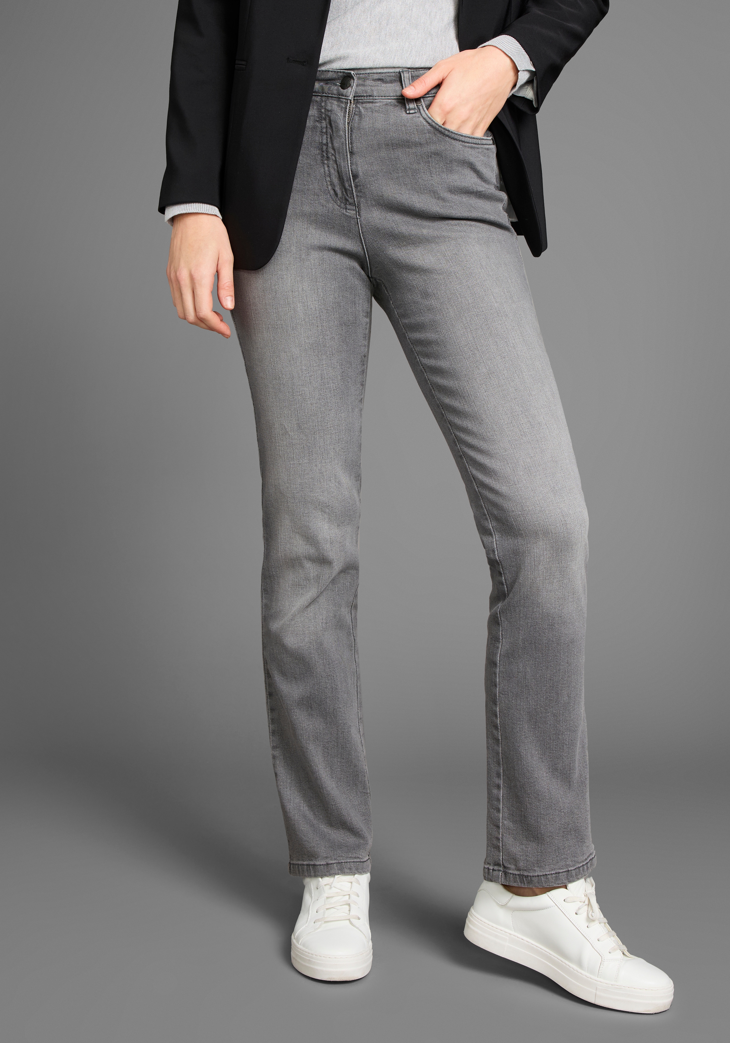 Gerade Jeans ARIZONA "Annett", Damen, Gr. 22, K + L Gr, grau (grau used), Jeans, Obermaterial: 98% Baumwolle, 2% Elasthan, clean, Basic, normal lang, Jeans, bequeme Passform, 5-Pocket-Style, hohe Taille, Topseller