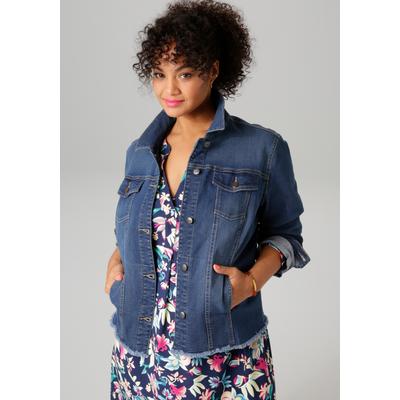 Jeansjacke ANISTON PLUS, Damen, Gr. 48, blau, Denim/Jeans, Obermaterial: 98% Baumwolle, 2% Elasthan, Abriebeffekte, unifarben, casual, figurumspielend hüftlang, Langarm 1-Knopf-Manschette, Jacken, mit ausgefranstem Saum Image
