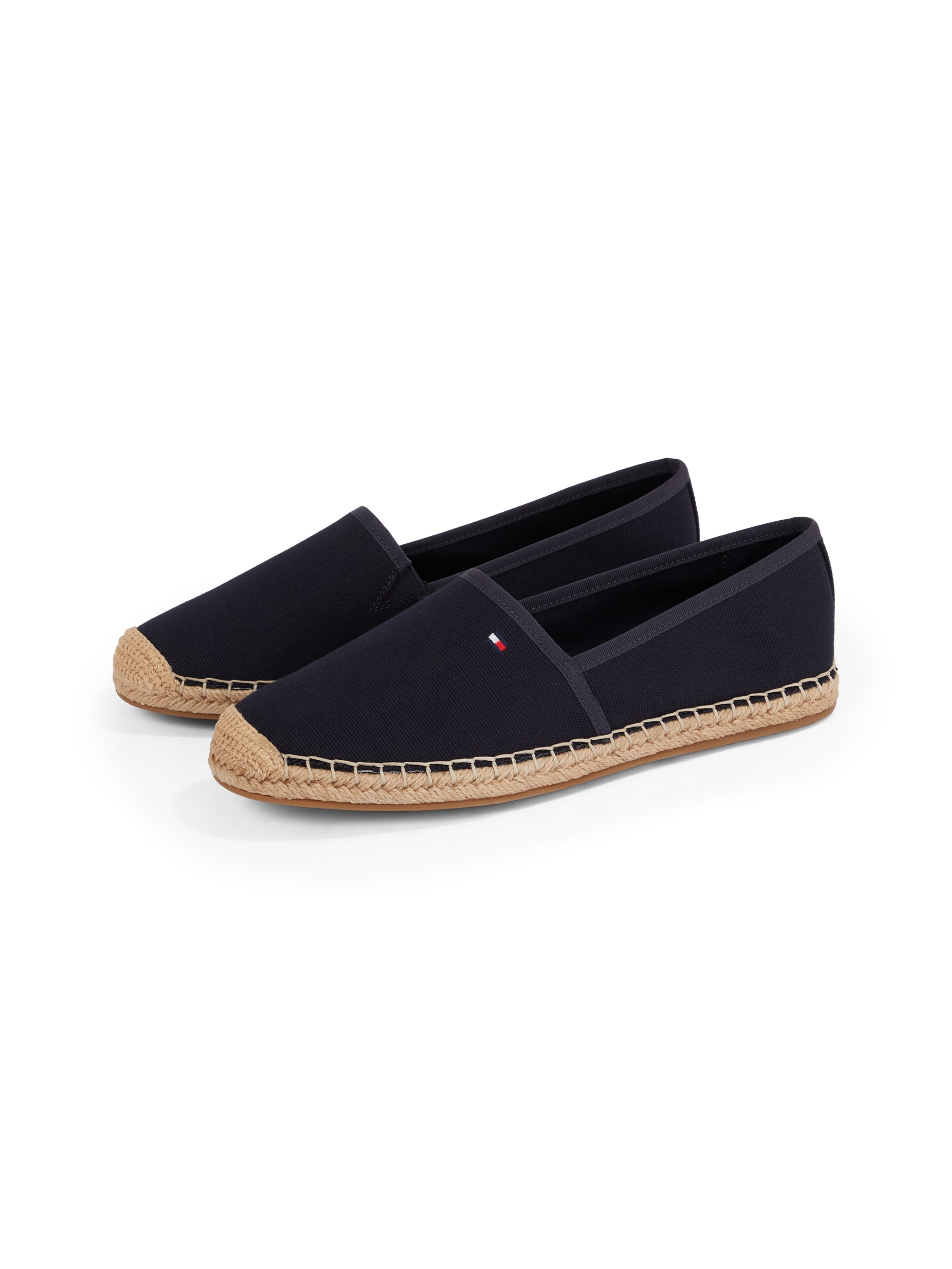 Espadrille TOMMY HILFIGER "FLAG CANVAS ESPADRILLE", Damen, Gr. 37, blau (dunkelblau), Baumwolle, unifarben, Schuhe Espadrille, Slipper, Flats, Bequemschuh mit Jutebezug und Ziernähten