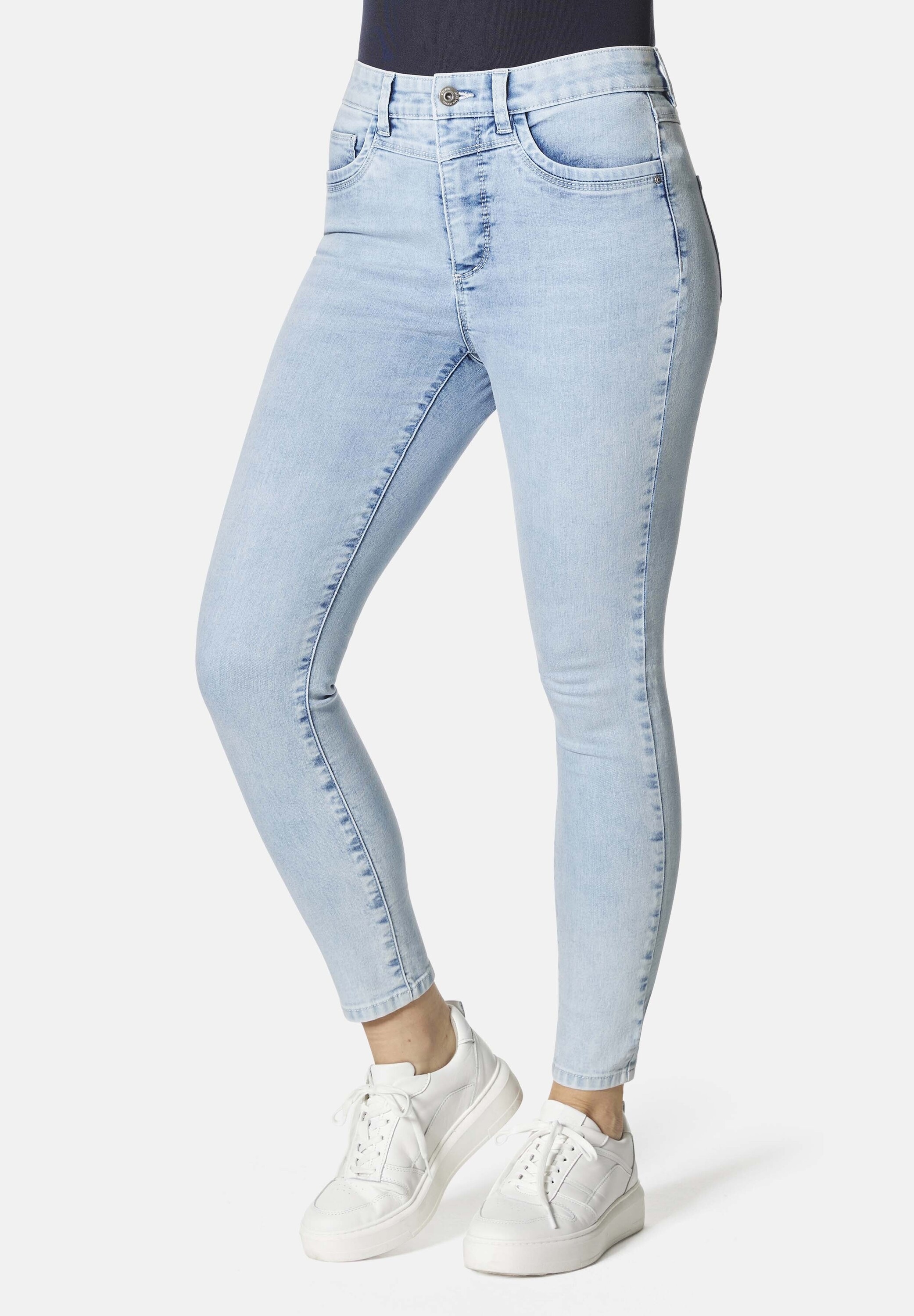 5-Pocket-Jeans STOOKER WOMEN "Rio Fexxi Move Strass Skinny Fit", Damen, Gr. 44, Länge 28, blau (blau bleached), Denim/Jeans, 83% Baumwolle, 16% recycled Polyester, 1% Elasthan, skinny fit lang, Jeans 5-Pocket-Jeans, Skinny Fit Casual Clean Wash...