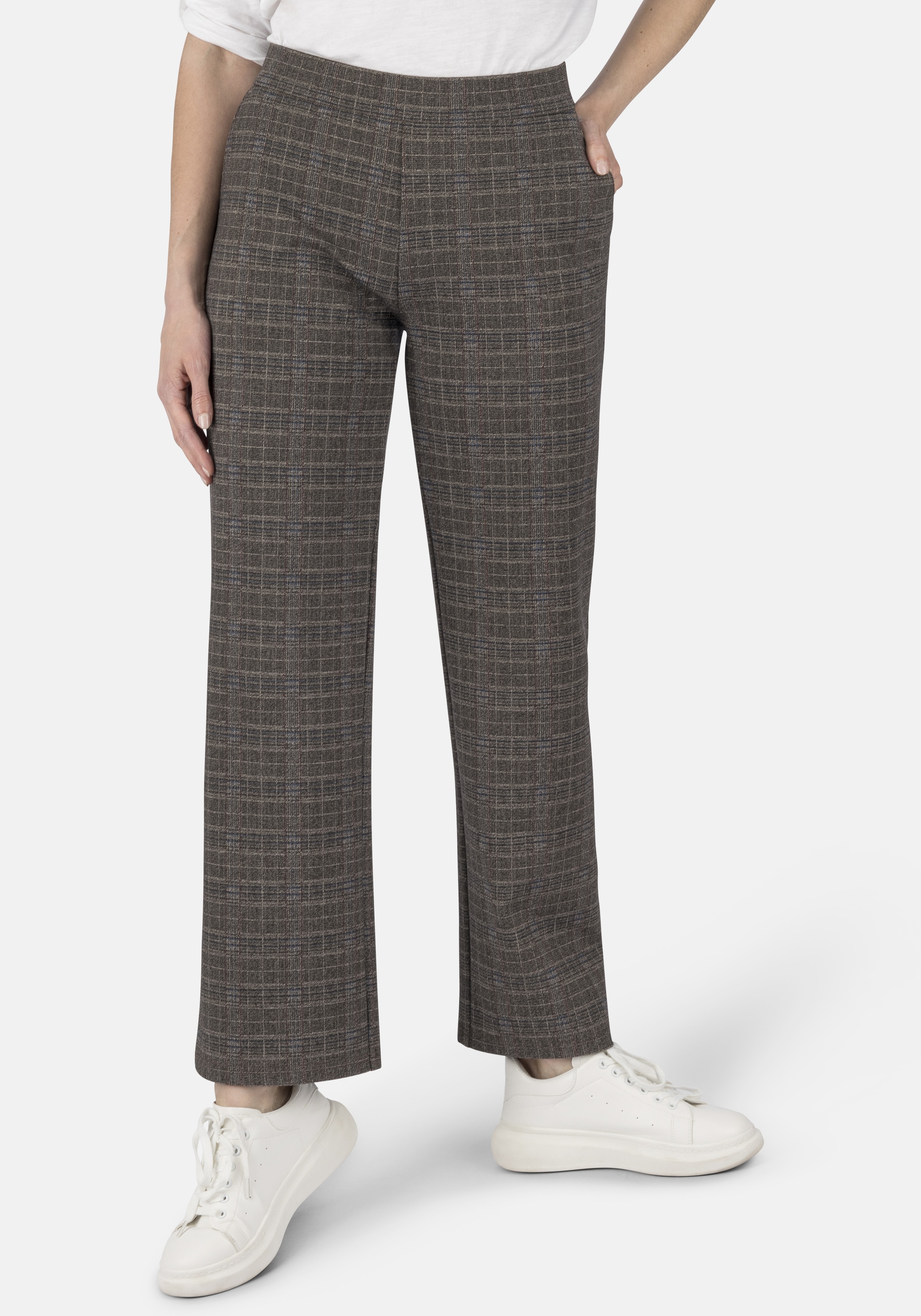 Schlupfhose STOOKER WOMEN "Mary Jersey Wide leg fit", Damen, Gr. 42, Länge 30, braun (braun check), Jersey, 67% Viskose, 27% Polyamid, 6% Elasthan, weit lang, Hosen Schlupfhose, Wide Leg Fit Casual Clean Wash Jersey für Damen