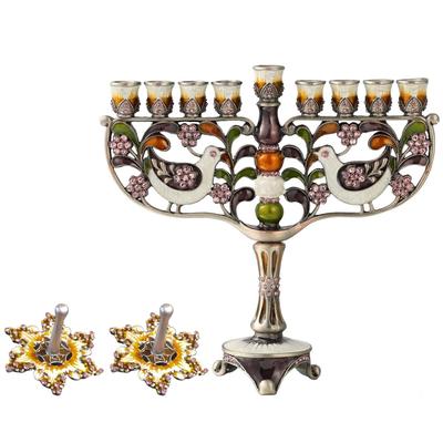 Jewish Holiday Gift Set - Doves & Flower Menorah Candelabra & 2 Dreidels, Hanukkah Bundle, Holiday Ornaments by Matashi