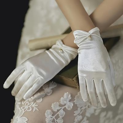 TEMU Elegant Bridal Satin Gloves With Pearl Detail - Polyester, Full Finger, , Solid Color - Hand Washable, Decorative Wedding Accessory For Women - 1 Pair Image
