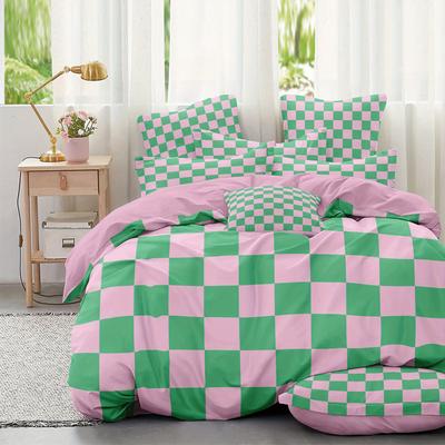 TEMU Solid Color Green Pink Checkered Pattern Bedding Quilt Cover, Washable Microfiber Quilt Cover Soft And Comfortable Quilt Cover Two/three Piece Set Image
