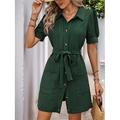 Femmes Robe Longue Maxi Robe Robes inspirées du lin Robe Chemise Robe Décontractée Élégant Occasionnel Vacances Soirée Travail Coupe régulière Uni Manche Courte Col de chemise Vert Véronèse Ét