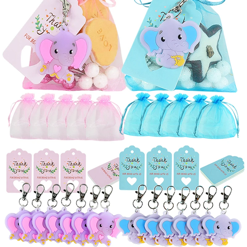 10 Sets blau rosa Elefant Schlüsselanhänger Babyparty Souvenirs Geschenke Taschen mit Dankeschön-Tag-Etikett für Gäste Kindergeburtstag Party Dekor Image