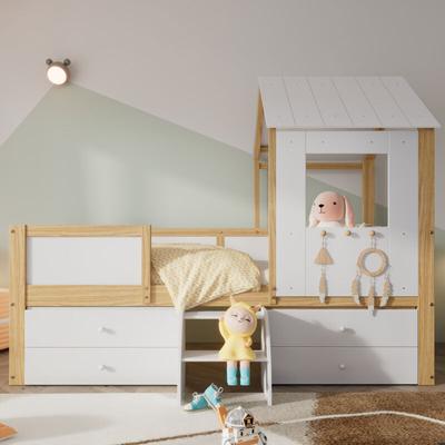 Kinderbett, halbhohes Bett, Hochbett mit Dach und Fenster, vierseitiger Zaun, mit 4 Schubladen und Image