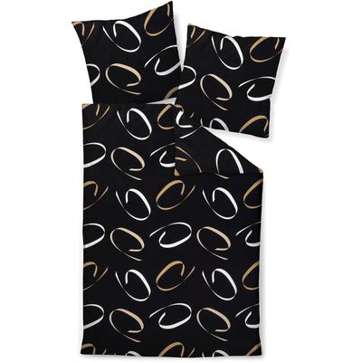 Bettwäsche JANINE "J. D. 87102", schwarz (schwarz beige), B/L: 240cm x 220cm, 2 St., Mako-Satin, B/L: 80cm x 80cm & 80cm x 80cm, Mako-Satin, Obermaterial: 100% Baumwolle, Bettwäsche, mit Reißverschluss