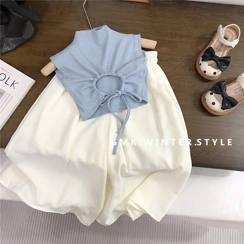 Kinderbekleidungssets für 2–7 Jahre, rückenfreies, ärmelloses T-Shirt und weiße Hose mit weitem Bein, Sommer-Outfit, Kleinkind- und Säuglingskleidungsset Image