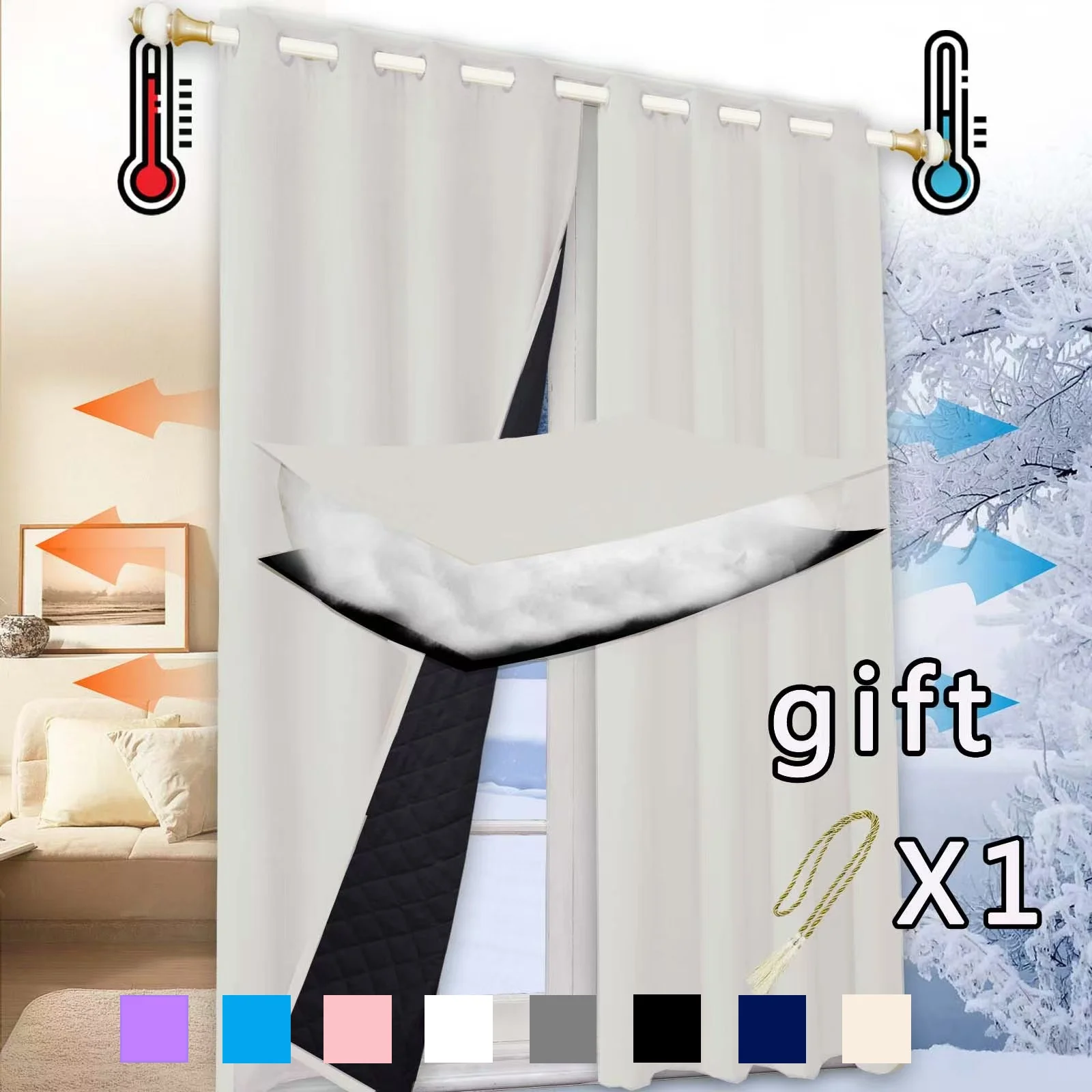 Winterwarme, gesteppte Ordner-Baumwollvorhänge für Schlafzimmer, 100 % Verdunkelung, dicke Thermovorhänge, schalldichte Vorhänge, kalt, winddicht Image