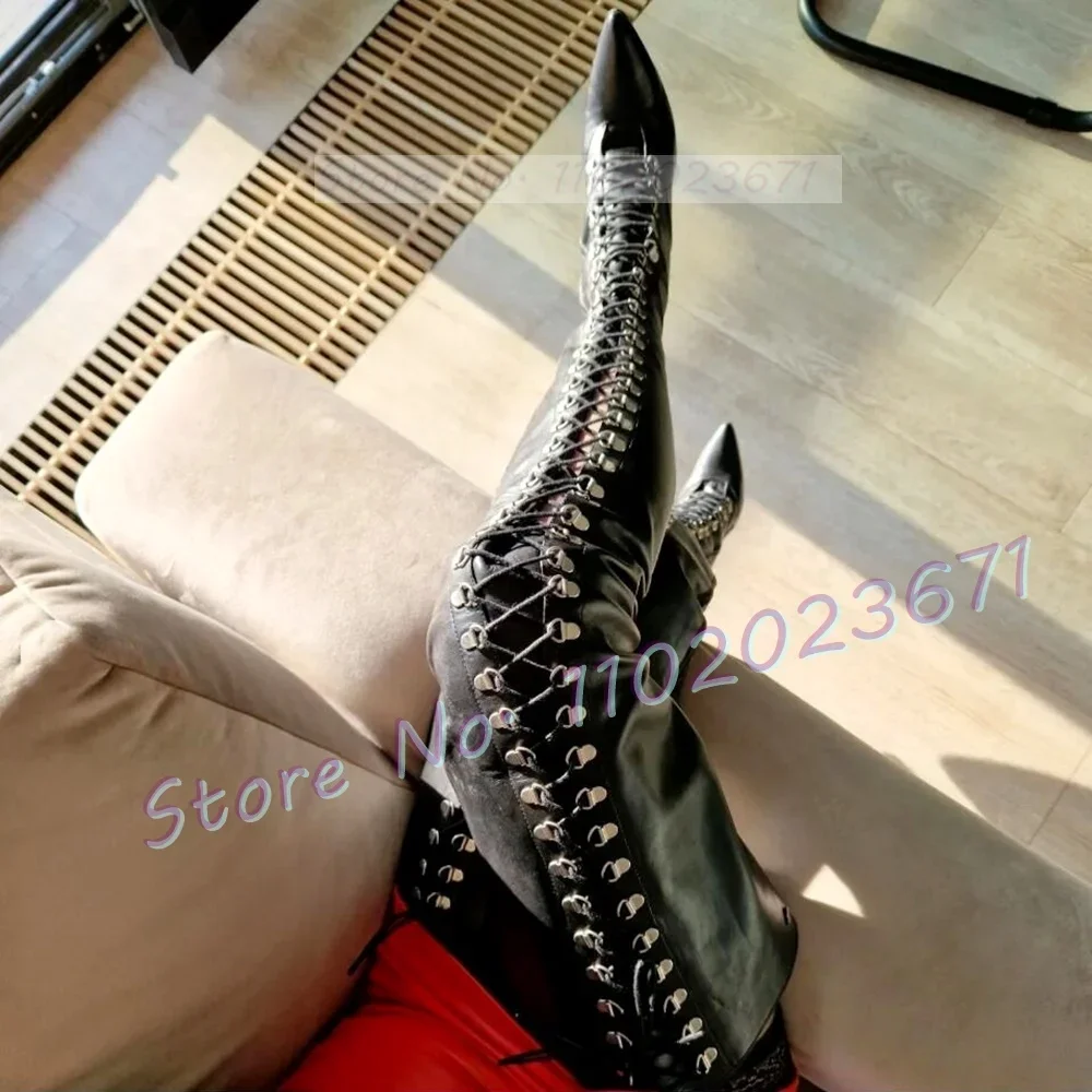 Gladiador Schnürstiefel Stiefel Frauen spitzen Zehen Streetwear Punk sexy lange Schuhe Damen Mode High Thin Heels Couture Stiefel