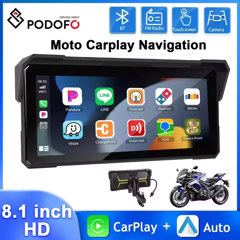 Podofo 8,1'' HD Touchscreen Motorrad Navigation GPS Carplay Android Auto Airplay Android Cast EQ Bluetooth IP68 Wasserdicht Image