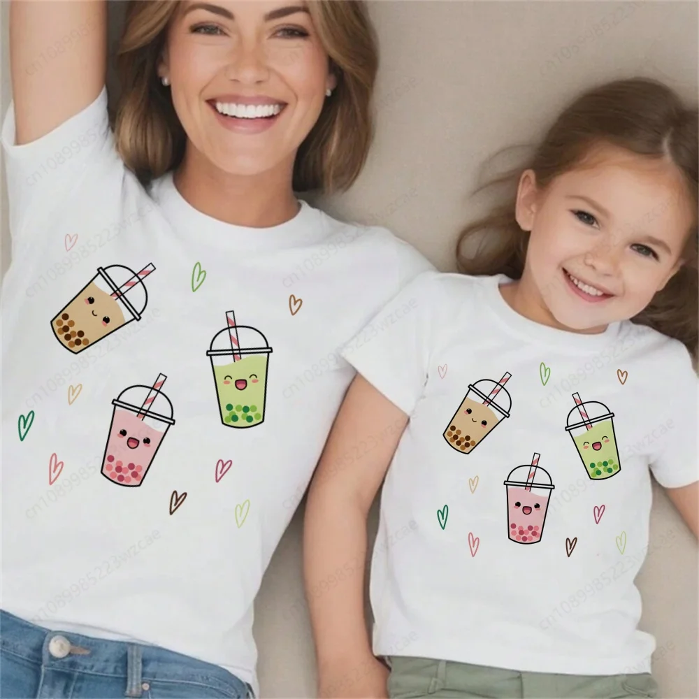 Boba Milch tee niedlichen Bubble Tea Print Familie T-Shirts Kurzarm O-Ausschnitt T-Shirt Baby Gilrs Cartoon T-Shirt Image