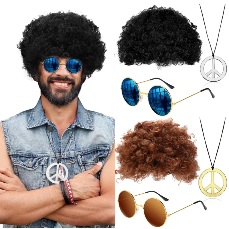 Männer synthetische Perücke Hut lockiges Haar Kappe Sonnenbrille Halskette 3 PCS Set lustige 70er Jahre Disco Hippie Haar Requisiten Party Hip Hop Tanz Kostüm Image