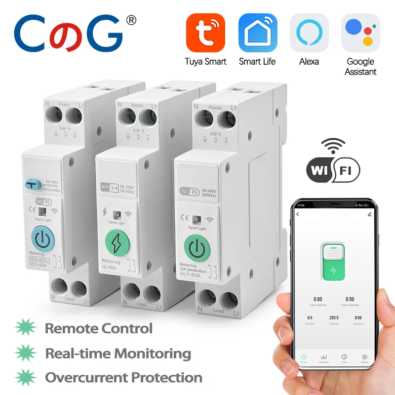 CG Tuya WiFi Smart Circuit Breaker DIN-Schiene 1P 63A Über-/Unterspannungsschutz MCB Smart Home Drahtloser Fernbedienungsschalter Image