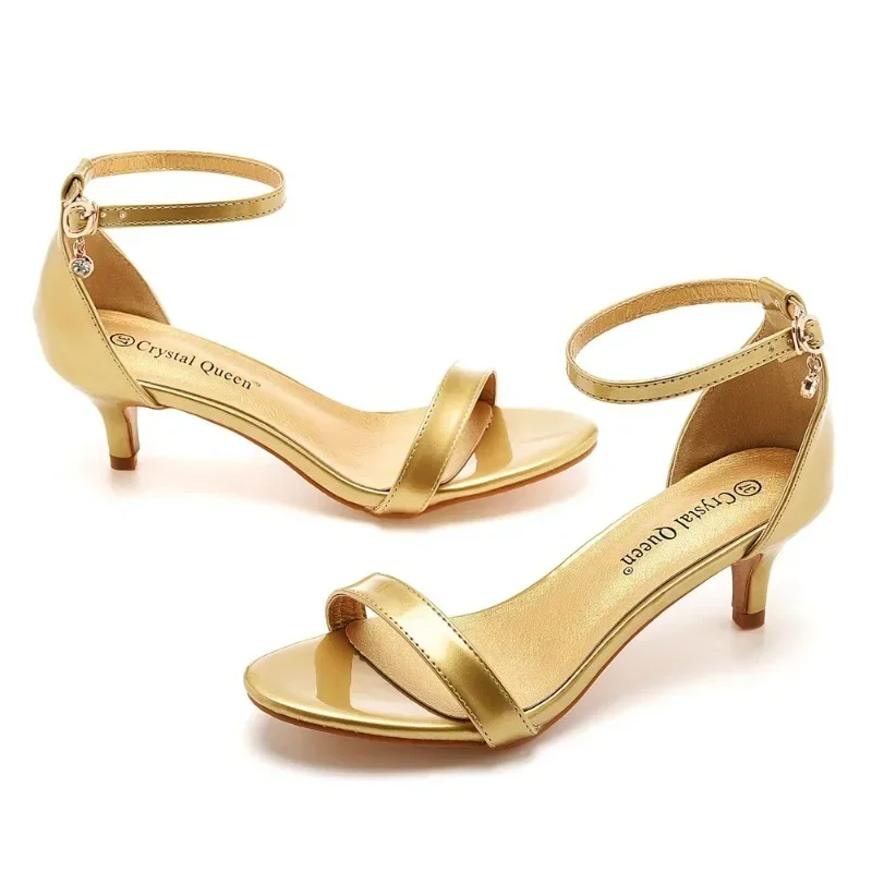New Sexy Pumps Sandal Wedding Rhinestone Buckle Strap PU 5CM Thin Heels Korean Style Party Women Office Work Shoes Golden