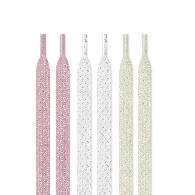 Bunte, helle, glitzernde, weiße, flache Schnürsenkel, 1,2 cm, Seiden-Canvas, lässige Schnürsenkel mit metallischem, glänzendem Gold und Silber für Schuhe