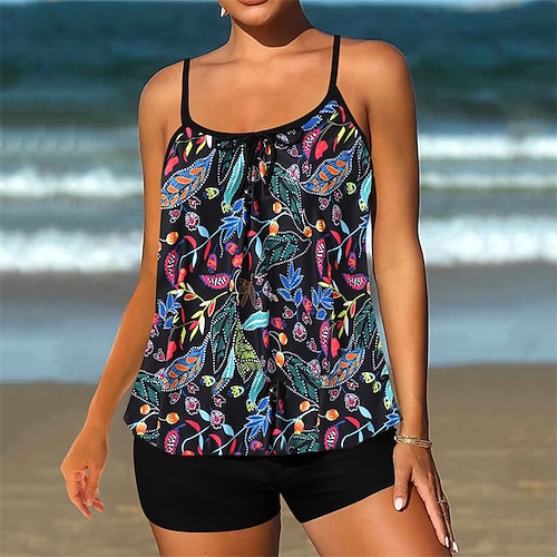 Damen Tankini Bikini, Zweiteiler Bademode Badeanzug Schwarz Blau Atmungsaktiv Schnelltrocknend Leichtgewichtig Ärmellos - Schwimmen Surfen Strand Sommer Frühling Übergröße Image