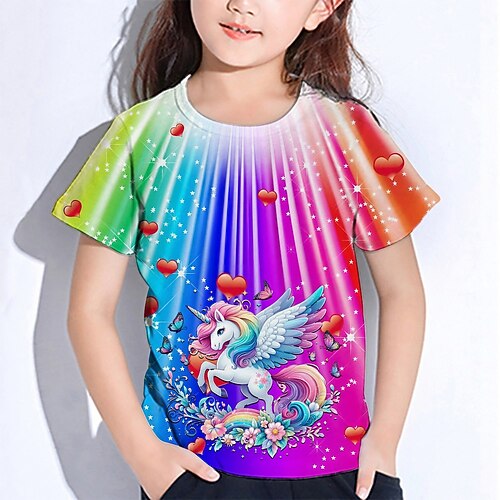 Mädchen 3D Graphic Einhorn T-Shirt Kurzarm Sommer Frühling Modisch Basic kinderkleidung 4-12 Jahre Rundhalsausschnitt Outdoor Casual Täglich Regular Fit Image