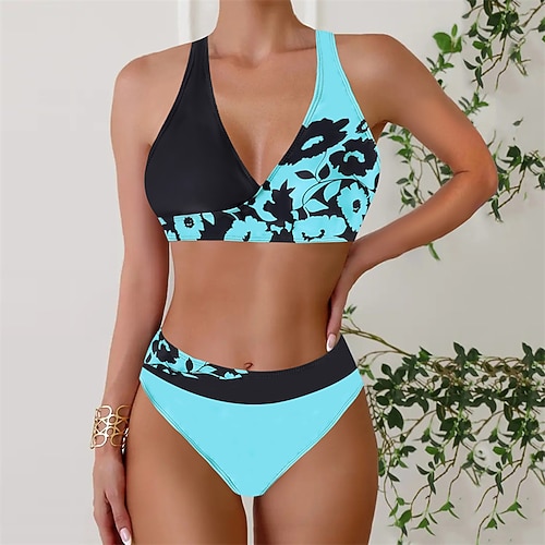 Damen Tankini Bikini, Zweiteiler Rückenfrei Bademode Blumen Badeanzug Gelb Rosa Atmungsaktiv Schnelltrocknend Leichtgewichtig Ärmellos - Schwimmen Surfen Strand Sommer Frühling Image
