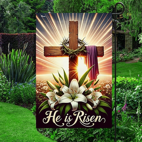 Gartenfahne 12x18 Zoll Außen-Dekorationen Willkommen Garten Terrasse Fahne Kreuz Jesus Gartenfahne doppelseitige Feiertags-Außenfahnen 1 Stück Image