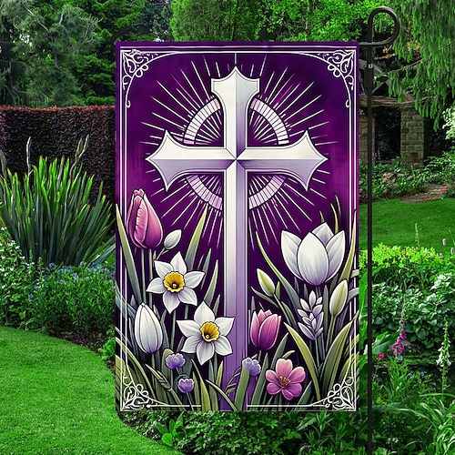 Gartenfahne 12x18 Zoll Außen-Dekorationen Willkommen Garten Terrasse Fahne Kreuz Jesus Gartenfahne doppelseitige Feiertags-Außenfahnen 1 Stück