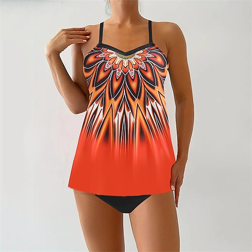 Damen Tankini Bikini, Zweiteiler V-Ausschnitt Ringer-Rücken-Kleid Bademode Badeanzug Orange Grün Atmungsaktiv Schnelltrocknend Leichtgewichtig Ärmellos - Schwimmen Surfen Strand Sommer Frühling Image