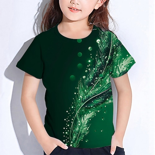 Mädchen 3D Graphic Feder T-Shirt Kurzarm Sommer Frühling Modisch Basic kinderkleidung 4-12 Jahre Rundhalsausschnitt Outdoor Casual Täglich Regular Fit Image
