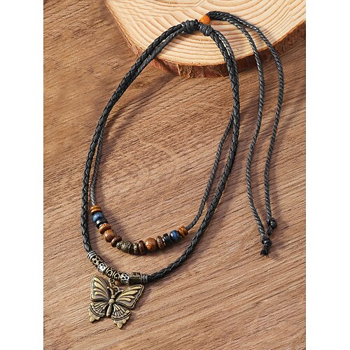 Vintage-Lederhalskette mit Schmetterlingsanhänger – verstellbarer Perlenschmuck im Boho-Stil für Damen und Herren, perfekt für die Freizeit und Festivals Image