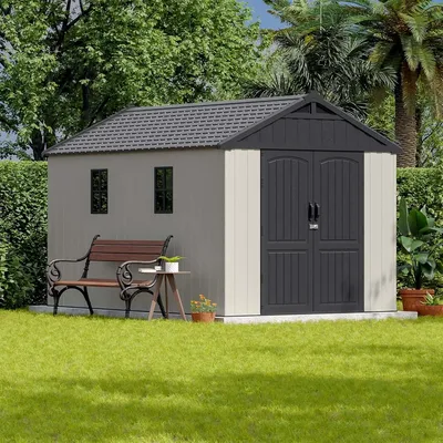 8 x 12 FT Plastic Outdoor Storage Shed with Floor Resin Shed with Window and Lockable Door for