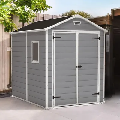 6x8 Ft All-Weather Heavy-Duty Resin Outdoor Storage Shed with Double Lockable Doors Floor Panel