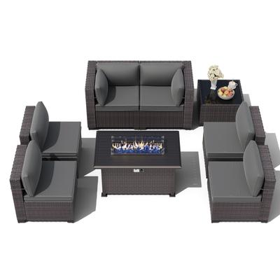 Outdoor Rattan Sectional Sofa Set, Patio Furniture Conversation Set with Fire Pit Table