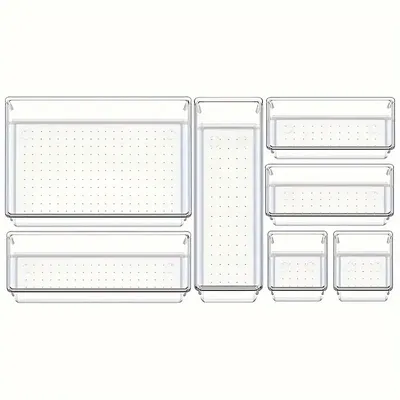 TEMU 7/11/18pcs Clear Plastic Drawer Organizer Set, 4 Sizes Layout Storage Boxes For Dressing Table Drawer Storage Trays, Cosmetics, Bedroom, Kitchen Gadgets, Office Stylish And Practical Storage Image